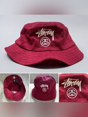 NWOT Stussy Embroidered Logo Maroon Bucket Skater Streetwear Hat Unisex S -M